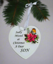 Load image into Gallery viewer, Son Glass Hanging Heart In Loving Memory Christmas Memorial Robin And Poinsettia