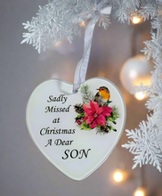 Load image into Gallery viewer, Son Glass Hanging Heart In Loving Memory Christmas Memorial Robin And Poinsettia