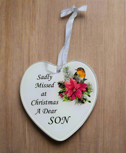 Load image into Gallery viewer, Son Glass Hanging Heart In Loving Memory Christmas Memorial Robin And Poinsettia
