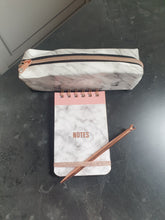 Load image into Gallery viewer, Marble print and Rose Gold Stationery Set, Pencil Case, Notepad and Slim Rollerball Pen