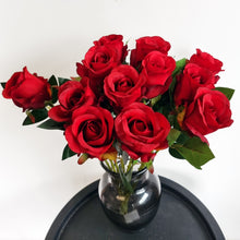 Load image into Gallery viewer, One Dozen Red Silk Rose Bouquet 12 Single Stem Artificial Flowers Celia Roses Home Decor