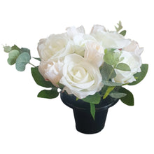 Load image into Gallery viewer, Memorial Grave Cemetery Pots With 12 Artificial Roses Eucalyptus Flower Heads Gift