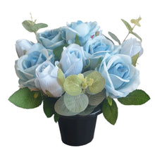 Load image into Gallery viewer, Memorial Grave Cemetery Pots With 12 Artificial Roses Eucalyptus Flower Heads Gift