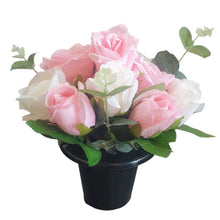 Load image into Gallery viewer, Memorial Grave Cemetery Pots With 12 Artificial Roses Eucalyptus Flower Heads Gift