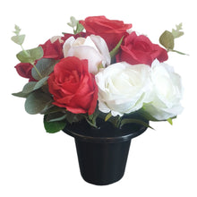 Load image into Gallery viewer, Memorial Grave Cemetery Pots With 12 Artificial Roses Eucalyptus Flower Heads Gift