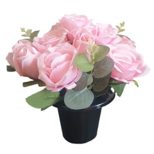 Load image into Gallery viewer, Memorial Grave Cemetery Pots With 12 Artificial Roses Eucalyptus Flower Heads Gift