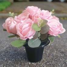 Load image into Gallery viewer, Memorial Grave Cemetery Pots With 12 Artificial Roses Eucalyptus Flower Heads Gift