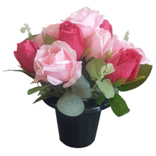 Load image into Gallery viewer, Memorial Grave Cemetery Pots With 12 Artificial Roses Eucalyptus Flower Heads Gift