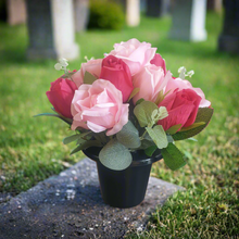 Load image into Gallery viewer, Memorial Grave Cemetery Pots With 12 Artificial Roses Eucalyptus Flower Heads Gift