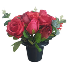 Load image into Gallery viewer, Memorial Grave Cemetery Pots With 12 Artificial Roses Eucalyptus Flower Heads Gift
