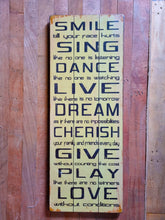 Load image into Gallery viewer, Large Wall Art Cream Words Sign Smile Sing Dance Live Dream Cherish Give Play Love 80x30cm