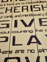 Load image into Gallery viewer, Large Wall Art Cream Words Sign Smile Sing Dance Live Dream Cherish Give Play Love 80x30cm