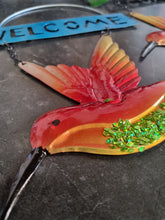 Load image into Gallery viewer, Welcome Garden Sign - Humming Bird Bright Colour and Sparkle Detail Hanging Sign
