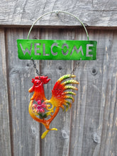 Load image into Gallery viewer, Welcome Garden Sign, Cockerel Rooster Bright Colour and Sparkle Detail Hanging Chicken Sign
