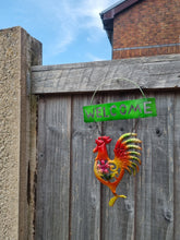 Load image into Gallery viewer, Welcome Garden Sign, Cockerel Rooster Bright Colour and Sparkle Detail Hanging Chicken Sign