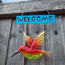 Load image into Gallery viewer, Welcome Garden Sign - Humming Bird Bright Colour and Sparkle Detail Hanging Sign