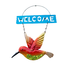 Load image into Gallery viewer, Welcome Garden Sign - Humming Bird Bright Colour and Sparkle Detail Hanging Sign