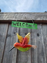 Load image into Gallery viewer, Welcome Garden Sign - Humming Bird Bright Colour and Sparkle Detail Hanging Sign