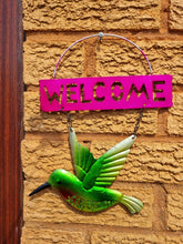 Load image into Gallery viewer, Welcome Garden Sign - Humming Bird Bright Colour and Sparkle Detail Hanging Sign