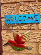 Load image into Gallery viewer, Welcome Garden Sign - Humming Bird Bright Colour and Sparkle Detail Hanging Sign