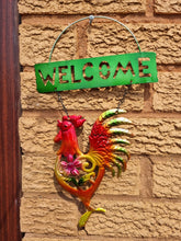 Load image into Gallery viewer, Welcome Garden Sign, Cockerel Rooster Bright Colour and Sparkle Detail Hanging Chicken Sign