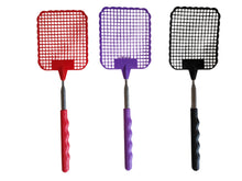 Load image into Gallery viewer, Three fly swatters in red, purple, and black on a textured white background
