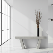 Load image into Gallery viewer, Modern concrete console table with a black vase and dried branches against a white wall.