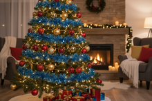 Load image into Gallery viewer, A decorated Christmas tree in a cozy living room with a lit fireplace, blue tinsel, red and gold ornaments, wrapped gifts underneath, and armchairs in the background.