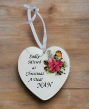 Load image into Gallery viewer, Nan Glass Hanging Heart In Loving Memory Christmas Memorial Robin And Poinsettia