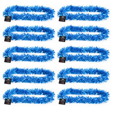 Load image into Gallery viewer, Eight blue tinsel garlands arranged in two columns of four on a plain white background, each with a small black retail tag attached.