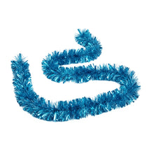 Load image into Gallery viewer, A coiled teal blue tinsel garland on a solid white background.