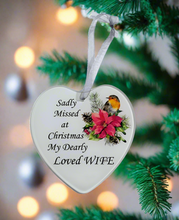 Load image into Gallery viewer, Wife Glass Hanging Heart In Loving Memory Christmas Memorial Robin And Poinsettia