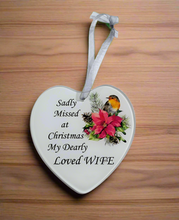 Load image into Gallery viewer, Wife Glass Hanging Heart In Loving Memory Christmas Memorial Robin And Poinsettia