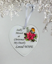 Load image into Gallery viewer, Wife Glass Hanging Heart In Loving Memory Christmas Memorial Robin And Poinsettia