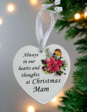 Load image into Gallery viewer, Mam Glass Hanging Heart In Loving Memory Christmas Memorial Robin And Poinsettia