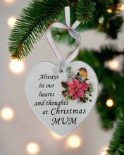 Load image into Gallery viewer, Mum Glass Hanging Heart In Loving Memory Christmas Memorial Robin And Poinsettia