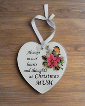 Load image into Gallery viewer, Mum Glass Hanging Heart In Loving Memory Christmas Memorial Robin And Poinsettia