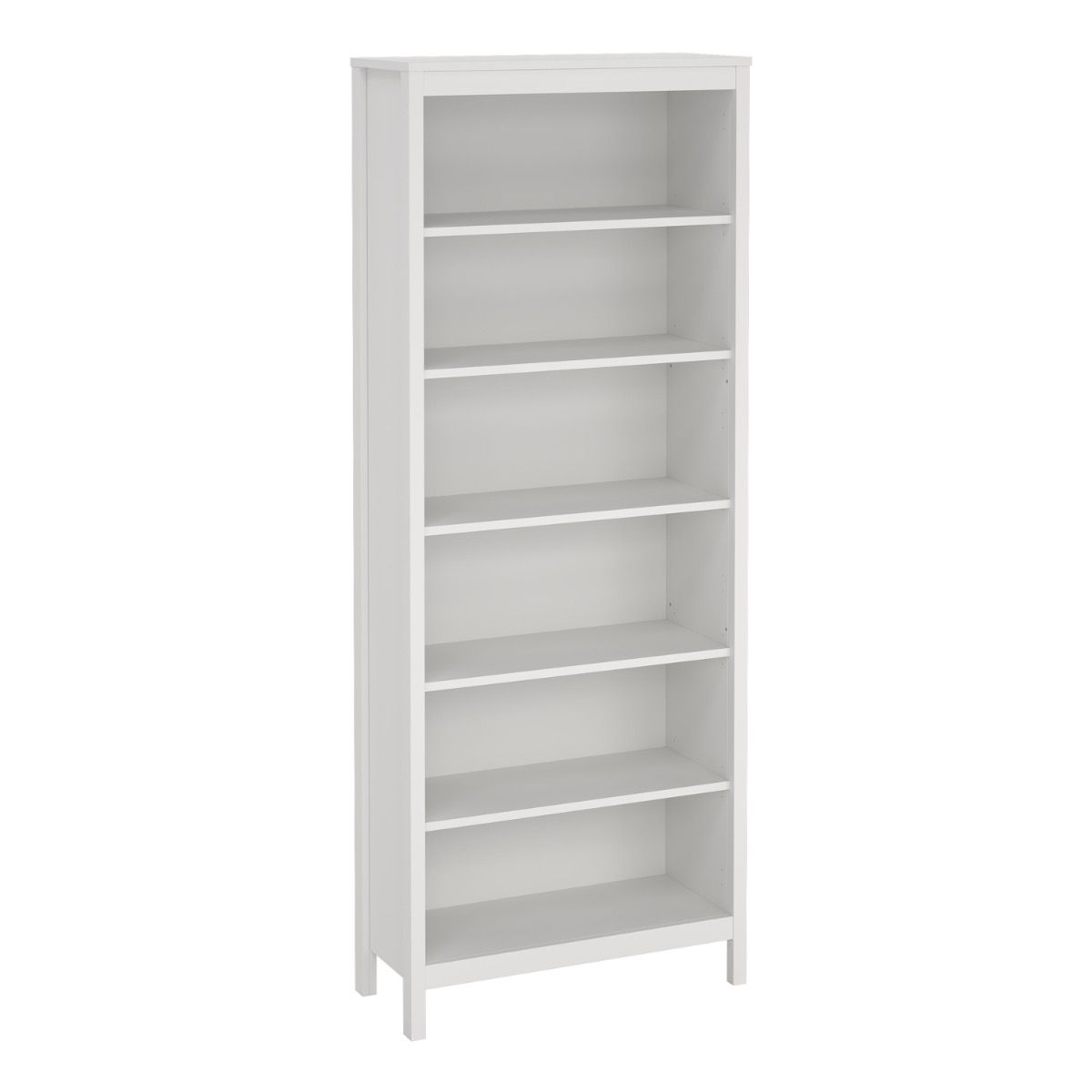 A tall, narrow white bookcase with five open shelves, shown against a plain white background.