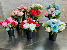 Load image into Gallery viewer, Memorial Grave Cemetery Pots With 12 Artificial Roses Eucalyptus Flower Heads Gift