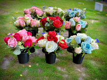 Load image into Gallery viewer, Memorial Grave Cemetery Pots With 12 Artificial Roses Eucalyptus Flower Heads Gift