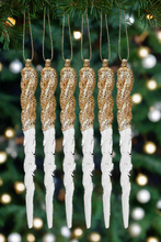 Load image into Gallery viewer, Glittery Icicle Decoration Set of 6 Hanging Clear Christmas Tree Décor in Rose Gold, Pale Gold, or Silver