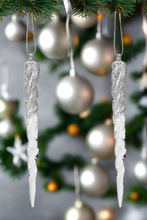 Load image into Gallery viewer, Glittery Icicle Decoration Set of 6 Hanging Clear Christmas Tree Décor in Rose Gold, Pale Gold, or Silver