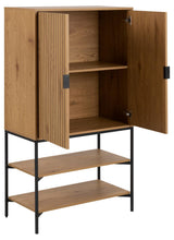 Load image into Gallery viewer, Wooden cabinet with open doors and shelves on a white background