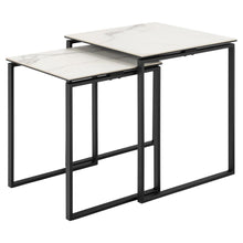 Load image into Gallery viewer, Two marble top tables with black metal frames on a white background