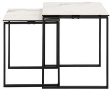 Load image into Gallery viewer, Two tables with white marble tops and black metal frames on a white background