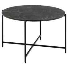 Load image into Gallery viewer, Round black marble table with black metal legs on a white background