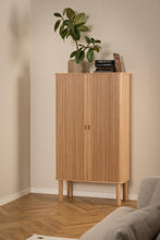 Load image into Gallery viewer, Langley Lamella Display Cabinet In Oak With Sliding Doors 145x80x40cm