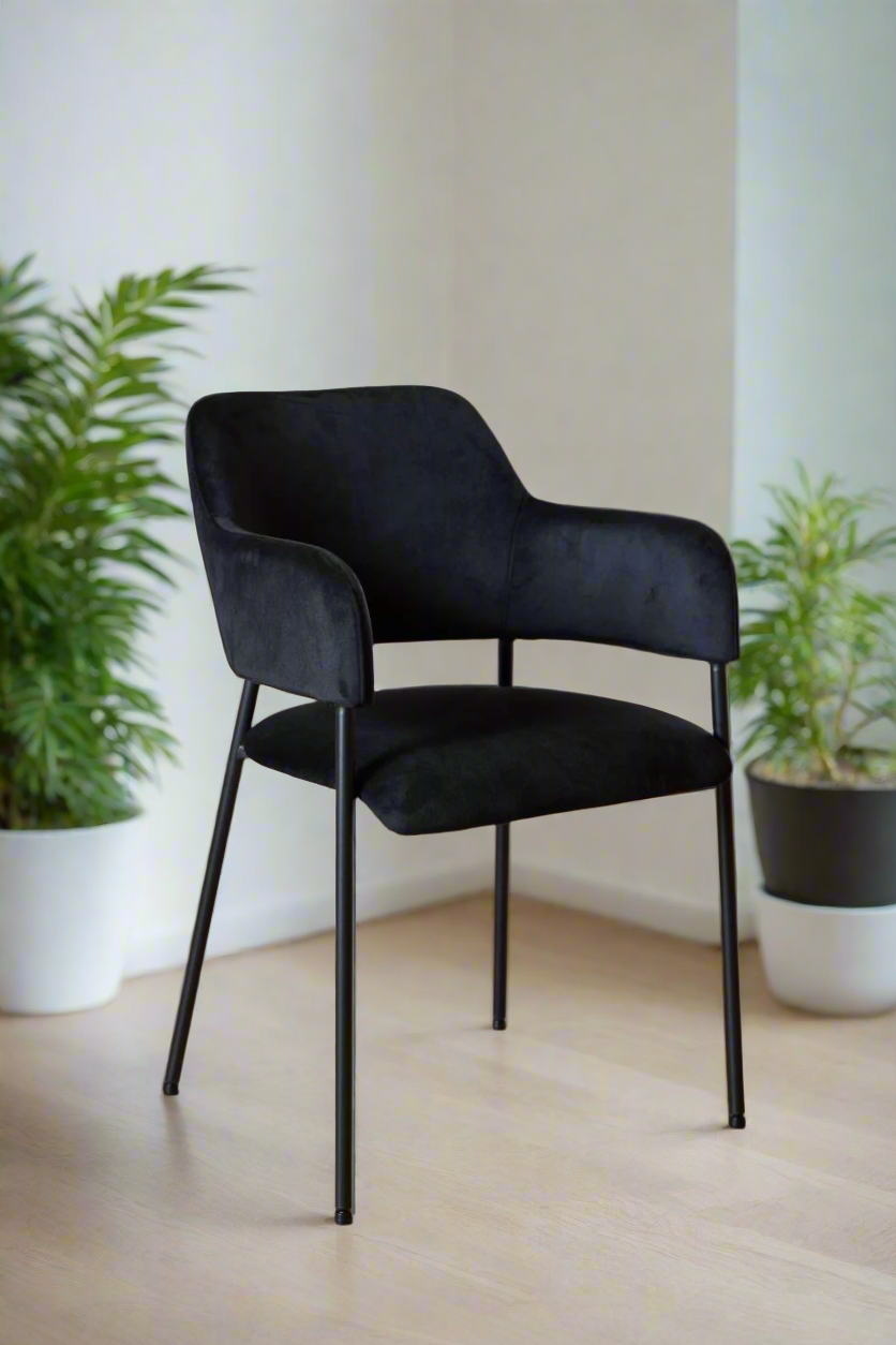 Lima Luxurious Black Fabric Dining Chair, Set Of 2 Velvet Upholstered Chairs With A Solid Metal Base