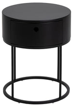 Load image into Gallery viewer, A modern round black end table with a single drawer and open metal wire frame base, shown on a plain white background.