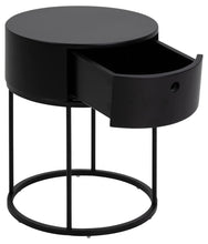 Load image into Gallery viewer, Black round side table with a drawer on a white background